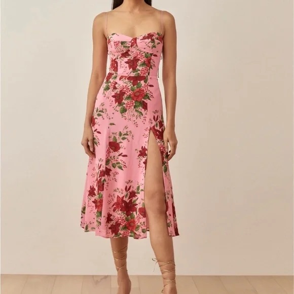 Reformation Pink Floral Tie-Strap Midi Dress - Picture 4 of 9